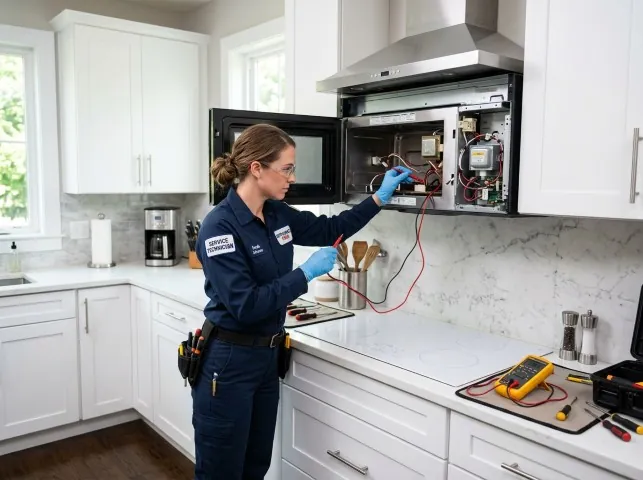 Appliance Repair Hero technician testing an over-the-range microwave in a Avon, IN kitchen